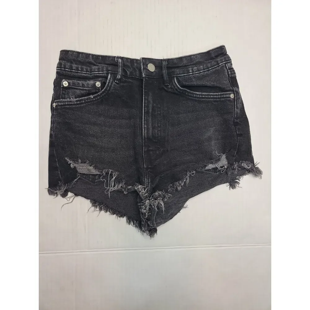 ZARA Denim Shorts Womens Size 6 Cut-off High Rise Stretch Charcoal Gray